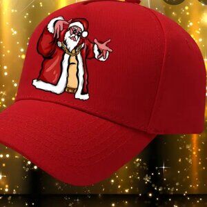 Red ChristmasCap with Santa striking a pose